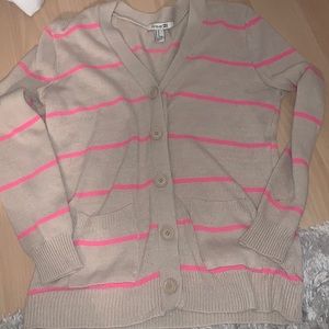 Tan cardigan with neon pink stripes